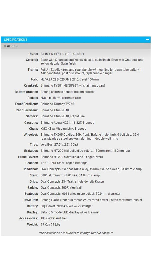 Fuji E-Nevada 27.5" 2.1 eBike (Satin Black)