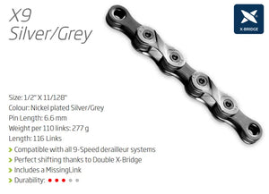 KMC X9 - 9 speed chain - 116L - Silver/Grey