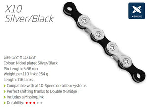 KMC X10 - 10 speed chain - 116L - Silver/Black