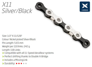 KMC X11 - 11 Speed chain - 118L - Silver/Black