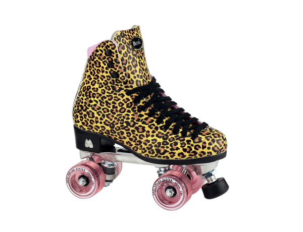 MOXI JUNGLE LEOPARD SKATES (W/ PINK CUFF AND PINK JUICY WHEELS)