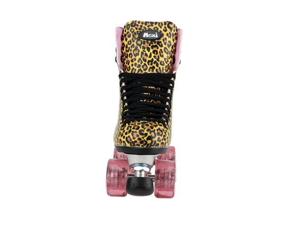 MOXI JUNGLE LEOPARD SKATES (W/ PINK CUFF AND PINK JUICY WHEELS)